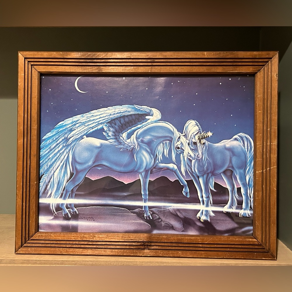 Vintage 1981 Sue Dawe Framed Unicorn Art 18” x 14.5”